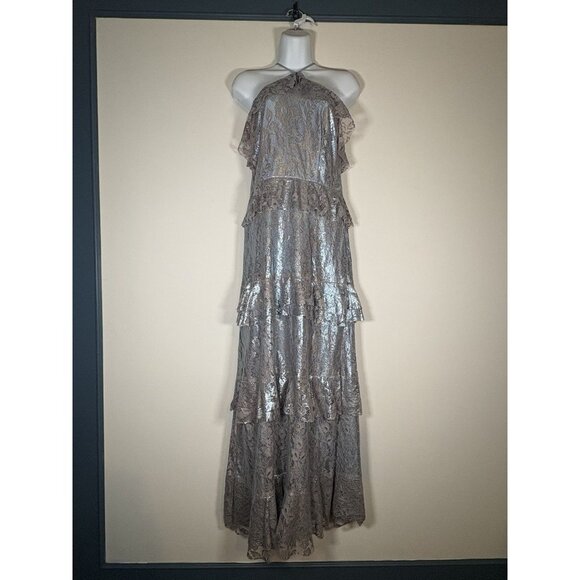 WILLOW & CLAY Lace Ruffle Tiered Maxi Dress Silver Blue Glam NEW Small - Picture 1 of 8